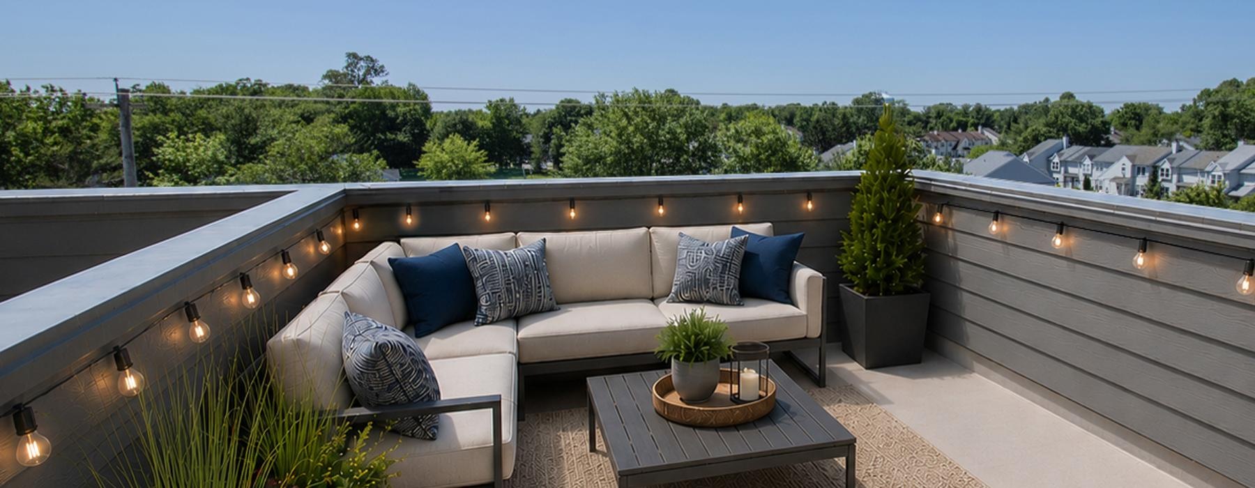 a modern looking patio with a large deck and a large pool