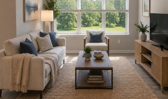 a living room with a couch and coffee table