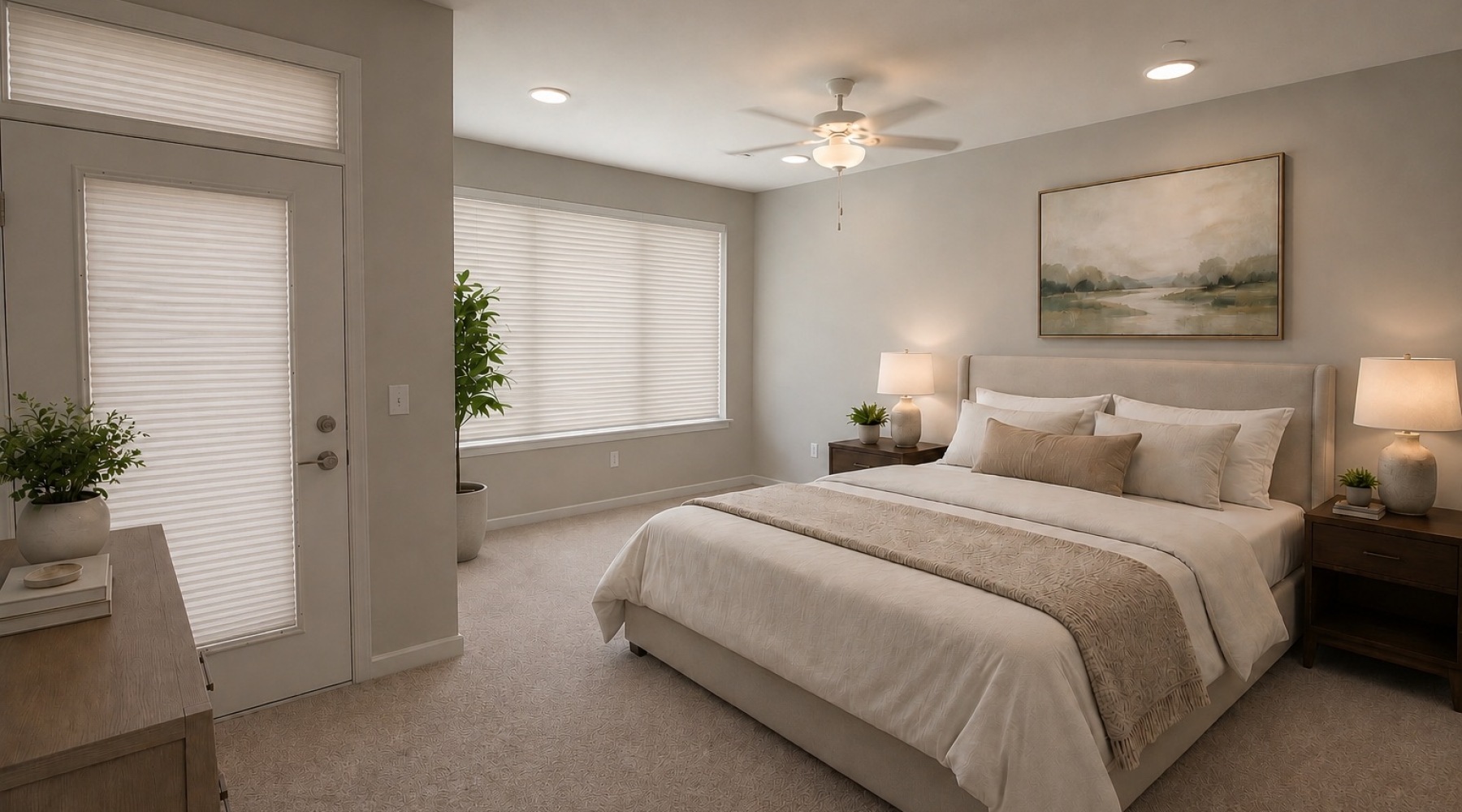 a bedroom with a bed and a fan