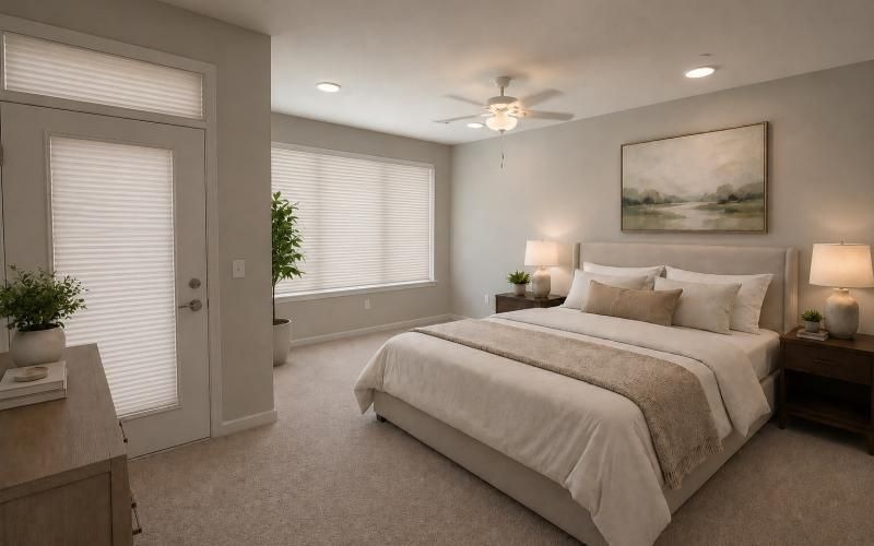 a bedroom with a bed and a fan